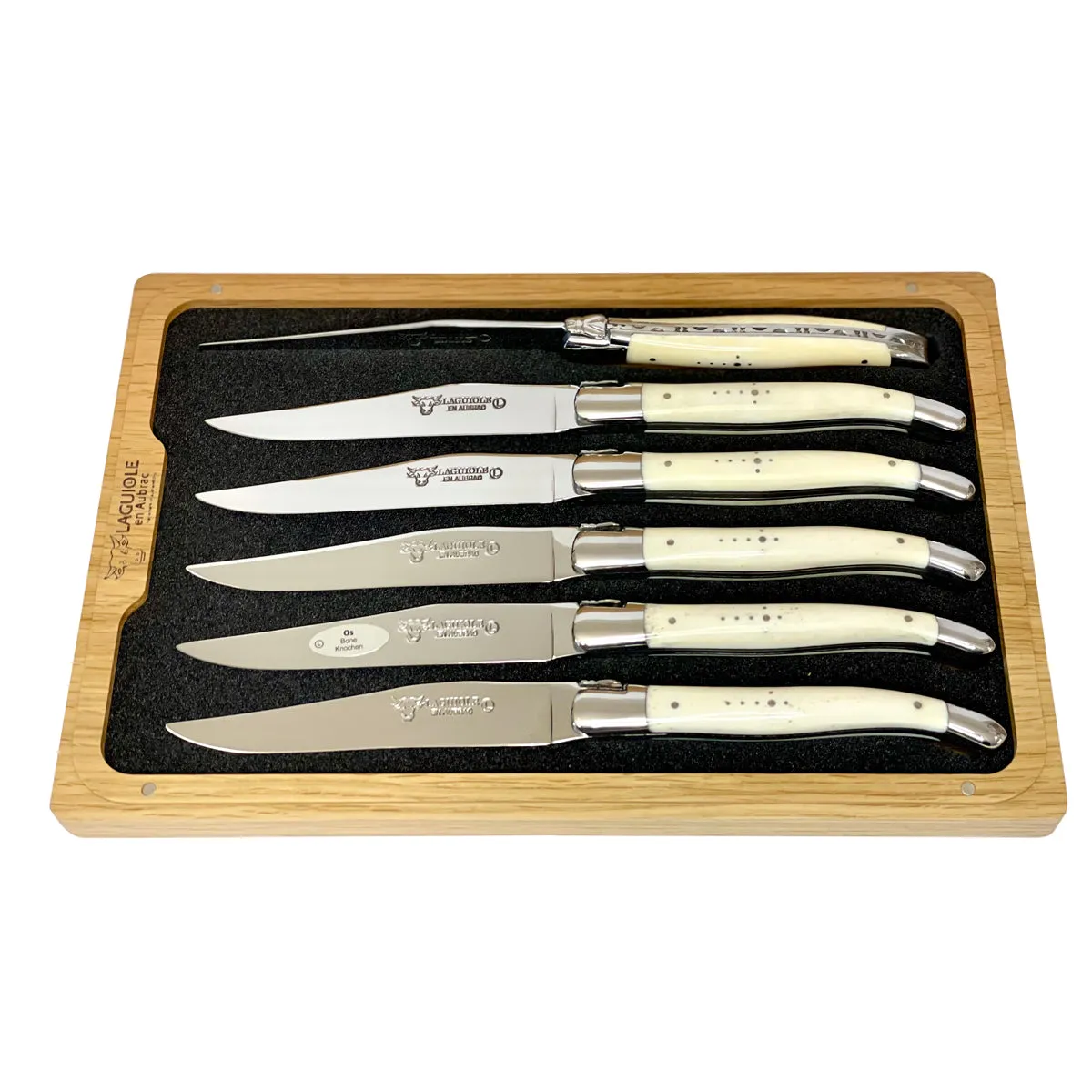 Laguiole en Aubrac Handcrafted 6-Piece Steak Knife Set with Bone Handle, Polished Bolsters