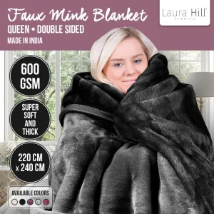 LAURA HILL 600GSM LARGE DOUBLE-SIDED QUEEN FAUX MINK BLANKET - BLACK