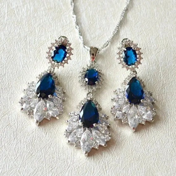 Marquise Sapphire Blue Wedding Jewelry Set. Cubic Zirconia Blue Bridal Jewelry Set. CZ Crystal Wedding Necklace Set. Bridesmaid Jewelry Set
