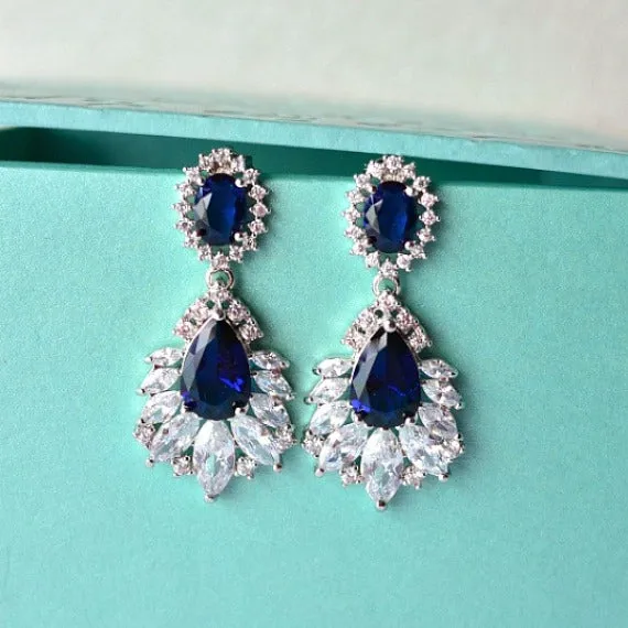 Marquise Sapphire Blue Wedding Jewelry Set. Cubic Zirconia Blue Bridal Jewelry Set. CZ Crystal Wedding Necklace Set. Bridesmaid Jewelry Set