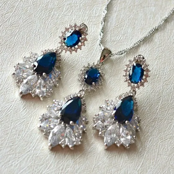 Marquise Sapphire Blue Wedding Jewelry Set. Cubic Zirconia Blue Bridal Jewelry Set. CZ Crystal Wedding Necklace Set. Bridesmaid Jewelry Set