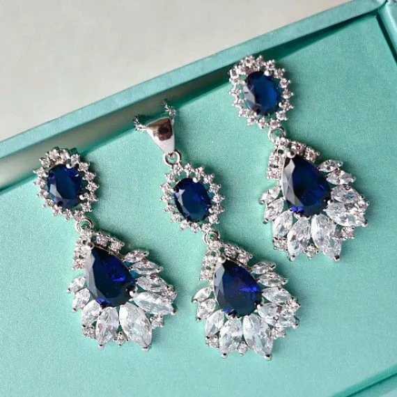 Marquise Sapphire Blue Wedding Jewelry Set. Cubic Zirconia Blue Bridal Jewelry Set. CZ Crystal Wedding Necklace Set. Bridesmaid Jewelry Set