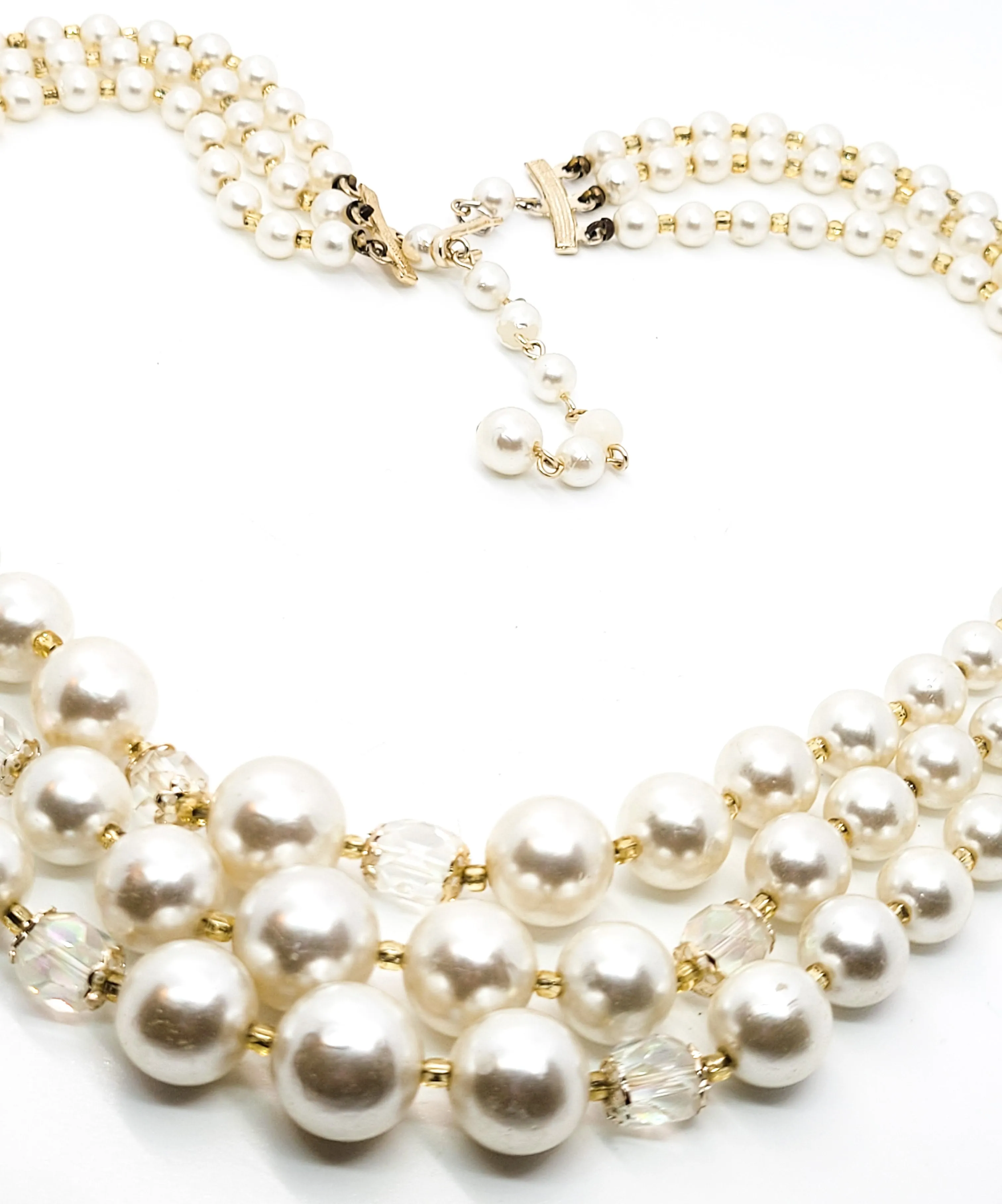 Mid century 3 tiered faux pearl and told Austrian crystal vintage gradutated necklace