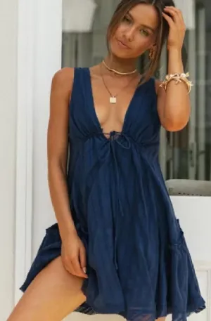 NEW Bikini Cover-ups Sexy Plunging Neck V-back Summer Beach Dress Cotton Tunic Women Beach Wear Swim Suit Cover Up A774, Dark Blue, Sz L