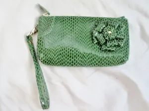 NEW Pebbled PYTHON Floral Leather WALLET Wristlet Change Purse GREEN Boho