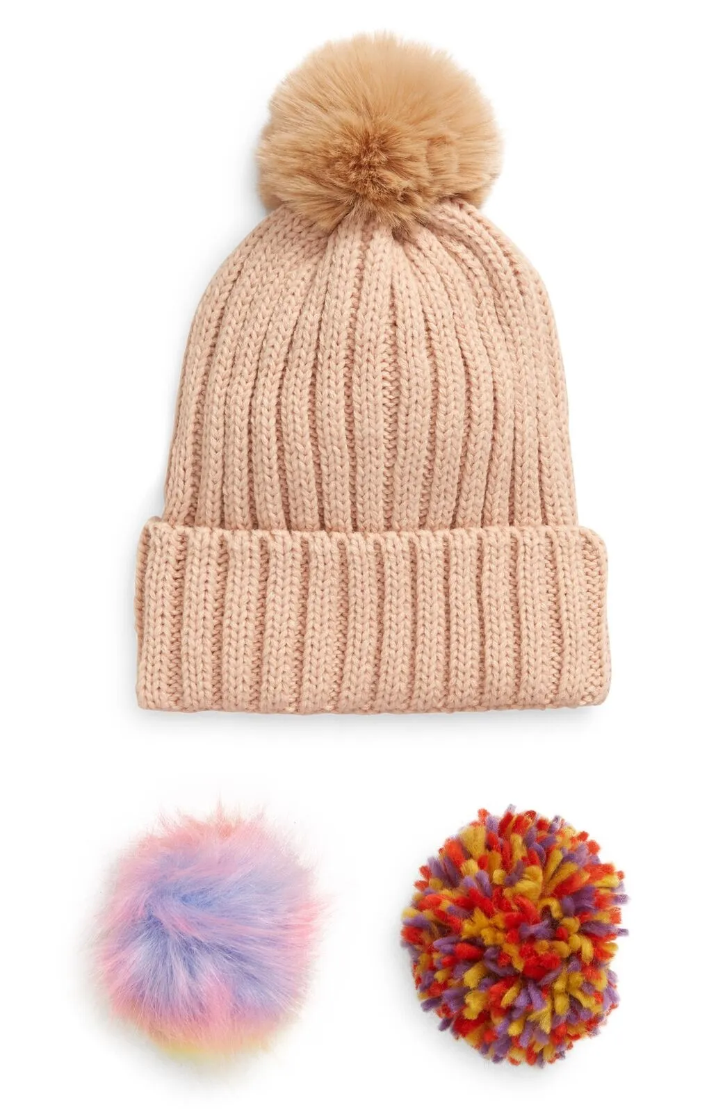 New Ribbed Beanie with Interchangeable Faux Fur Pom BP. One Size! includes three interchangeable poms