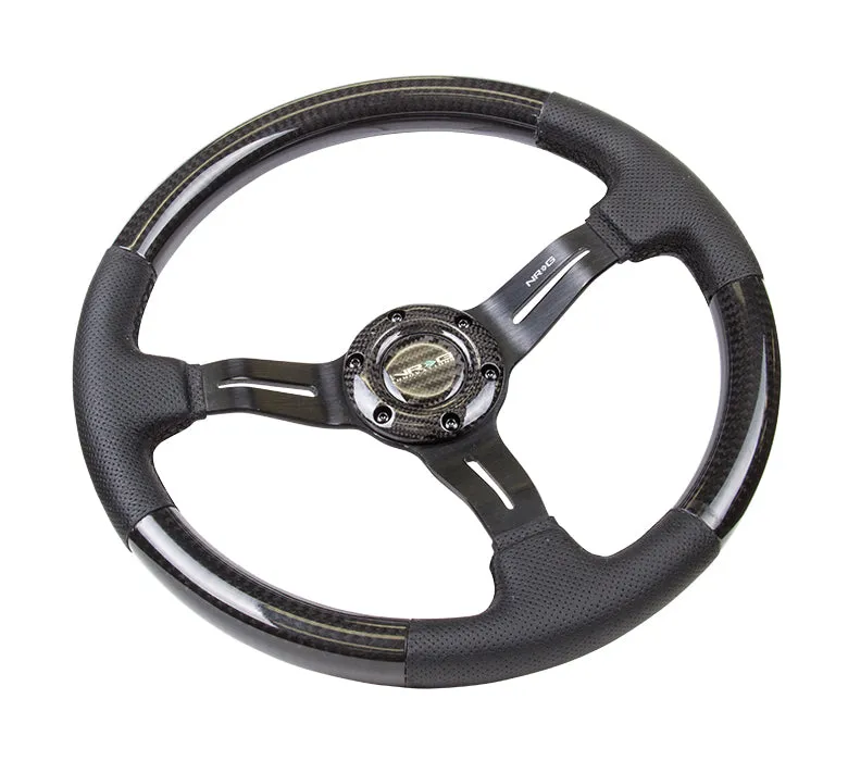 NRG ST-010CFBS 350mm 1.5" Deep Black Stitching Carbon Fiber Steering Wheel with Leather Accent