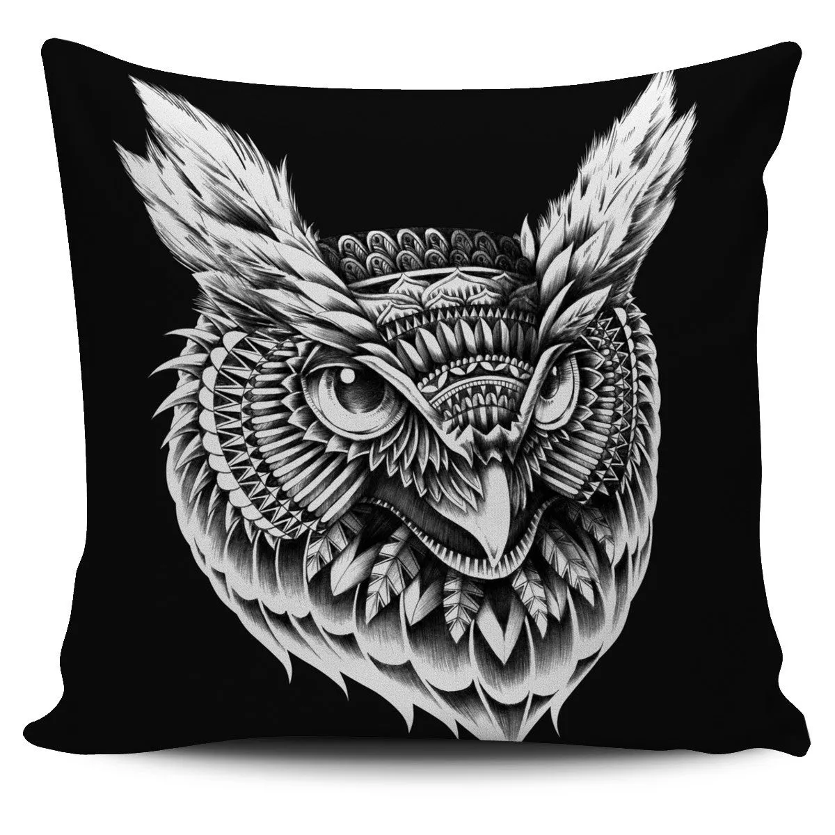 ORNATE OWL HEAD PILLOW COVER - BLACK