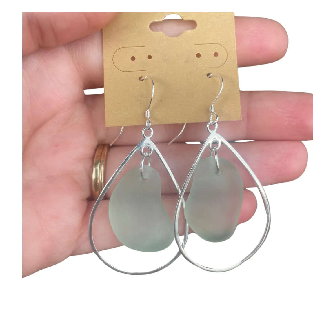 Oval Hoops Sea Glass Earrings in Light Blue