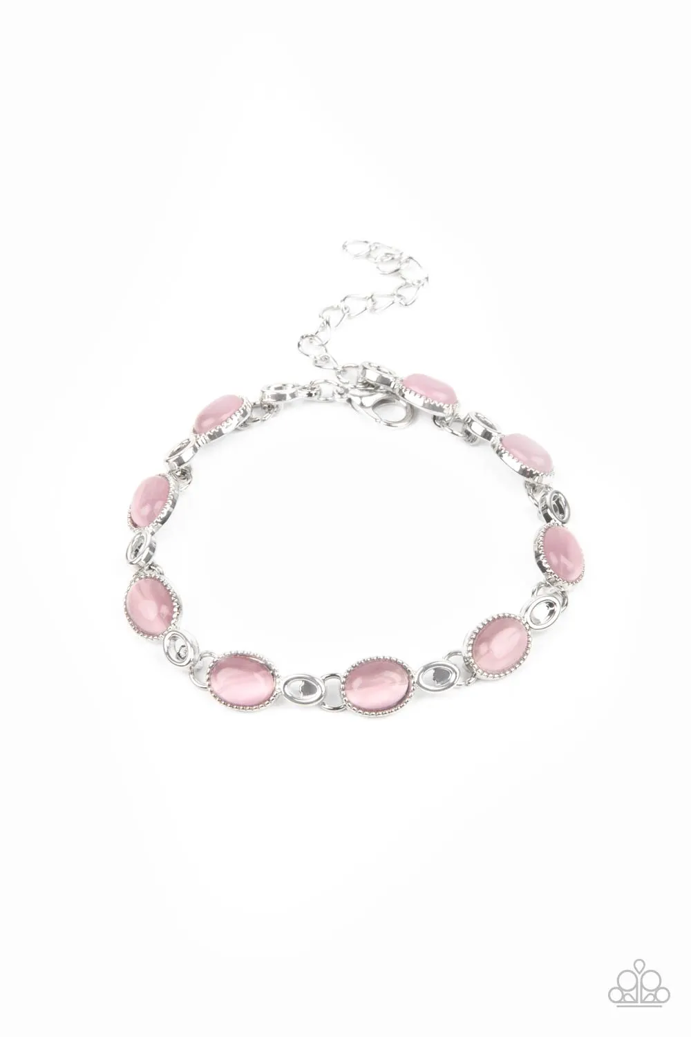 Paparazzi " Blissfully Beaming " Silver Metal & Oval Pink Cat's Eye Stones Bracelet