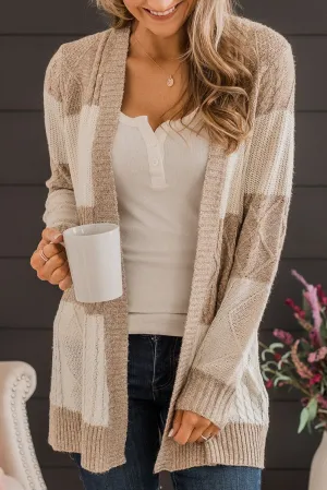 Parchment Color Block Patterned Knit Open Cardigan