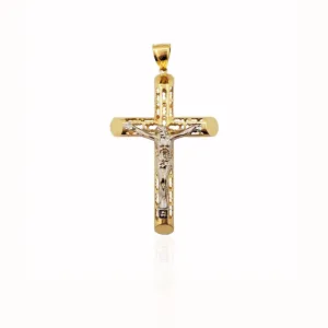 Patterned Tube Crucifix Pendant 14K