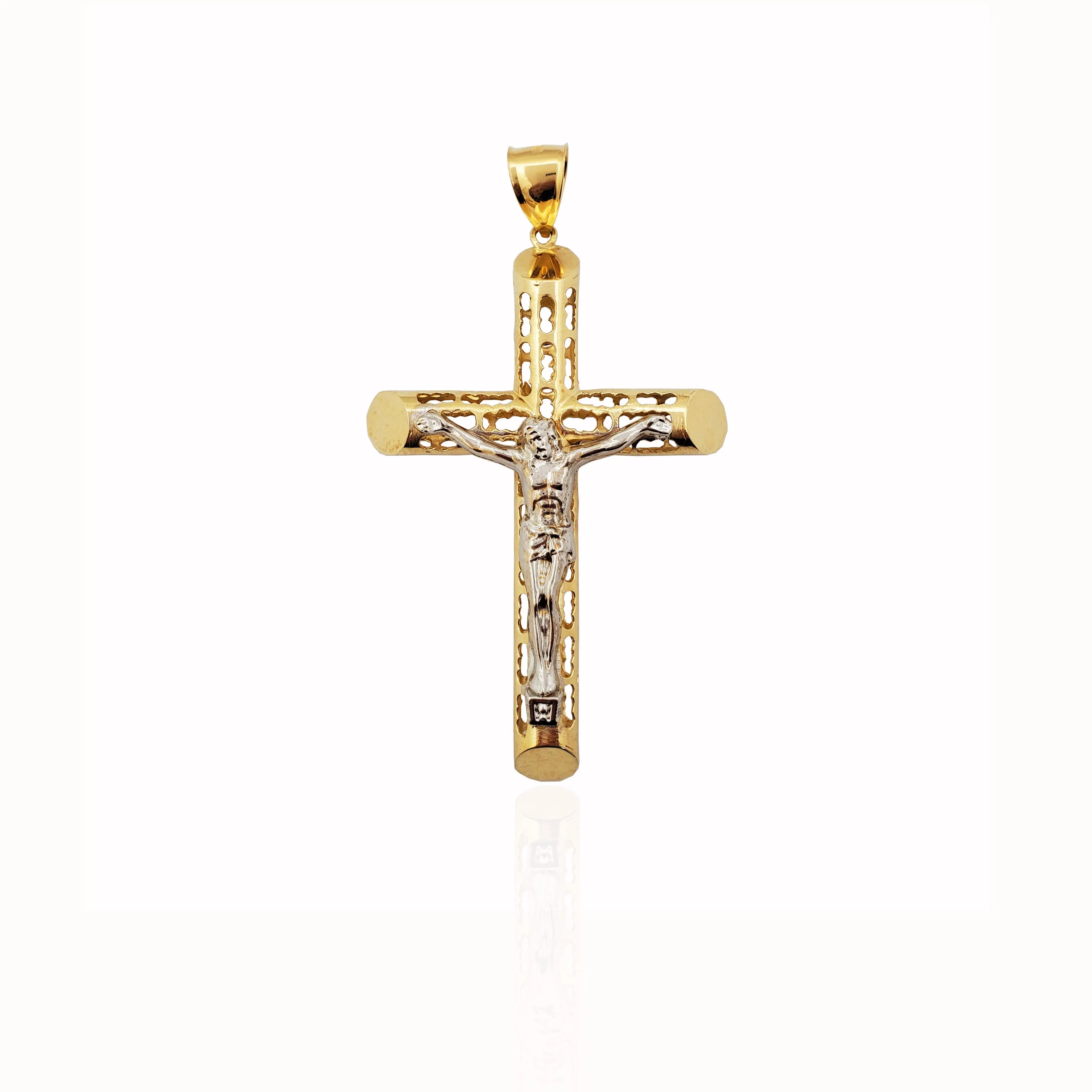 Patterned Tube Crucifix Pendant 14K