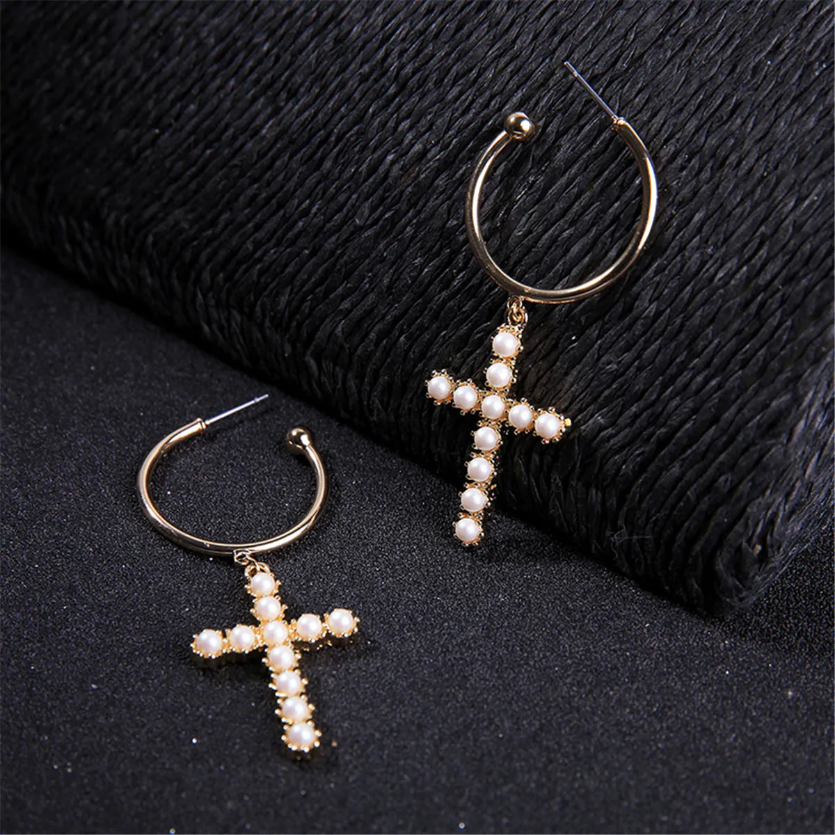Pearl & 18K Gold-Plated Cross Huggie Earrings