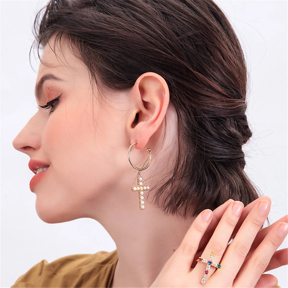 Pearl & 18K Gold-Plated Cross Huggie Earrings