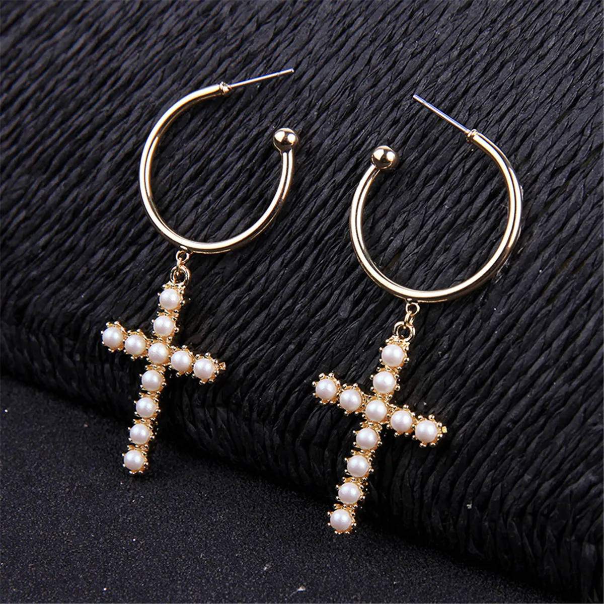 Pearl & 18K Gold-Plated Cross Huggie Earrings