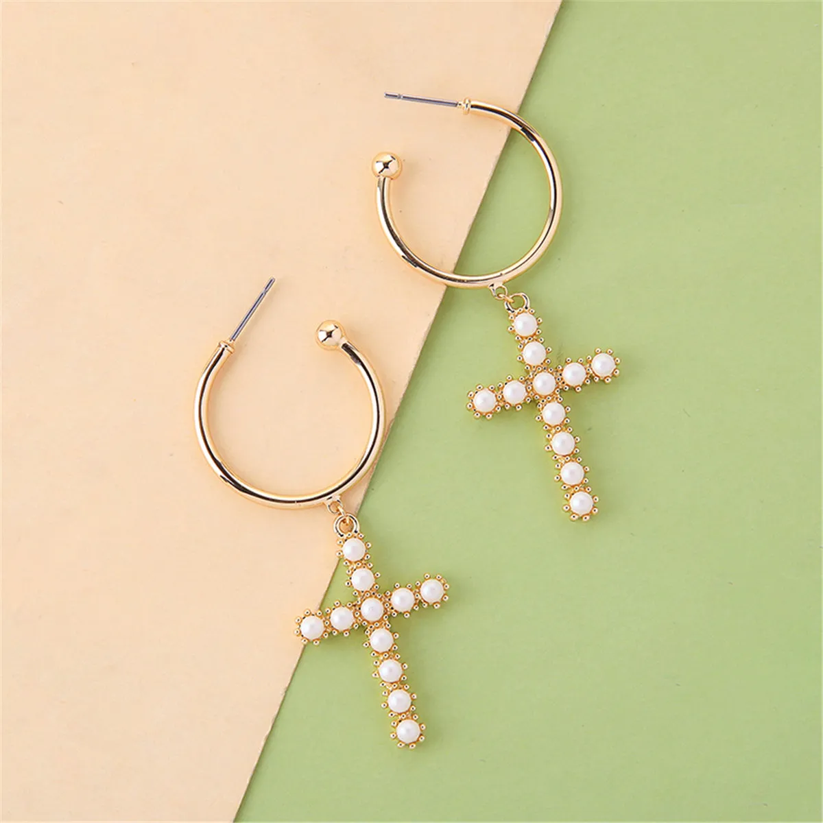 Pearl & 18K Gold-Plated Cross Huggie Earrings