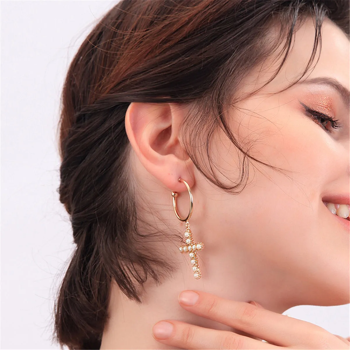 Pearl & 18K Gold-Plated Cross Huggie Earrings