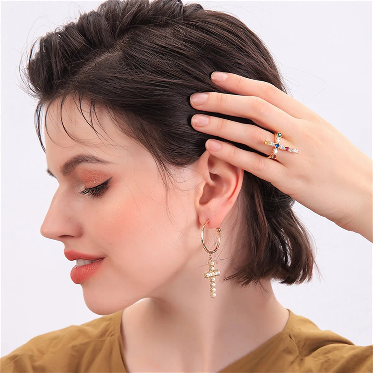Pearl & 18K Gold-Plated Cross Huggie Earrings