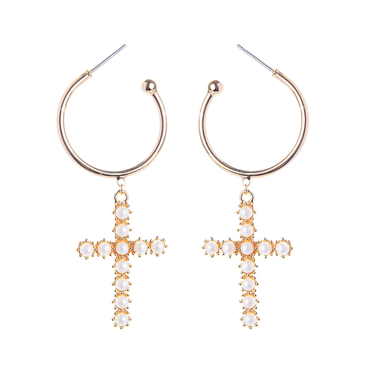 Pearl & 18K Gold-Plated Cross Huggie Earrings