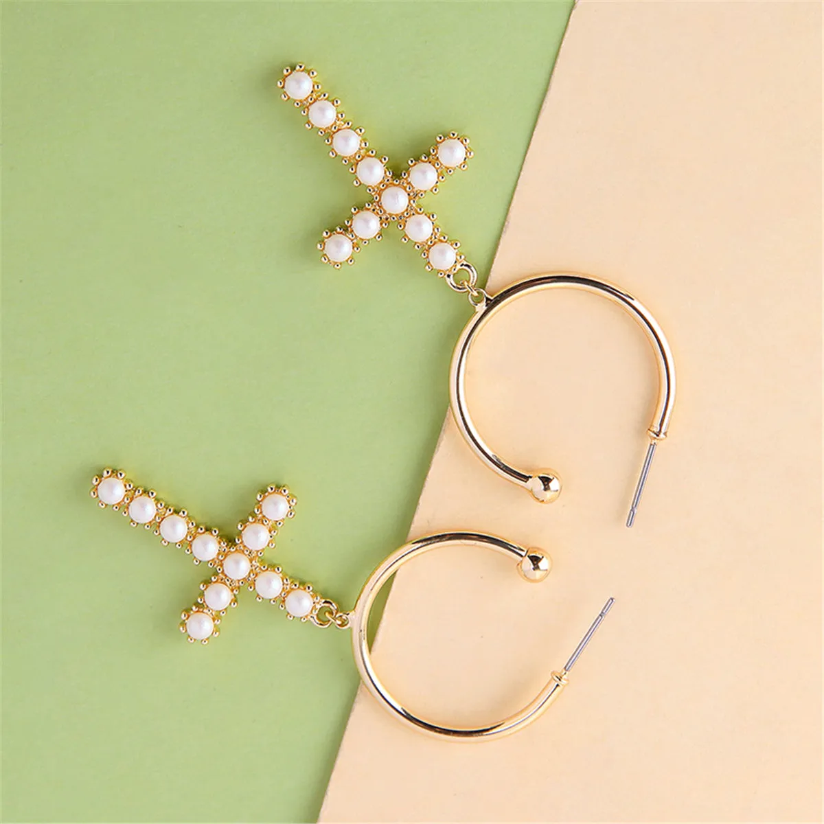 Pearl & 18K Gold-Plated Cross Huggie Earrings