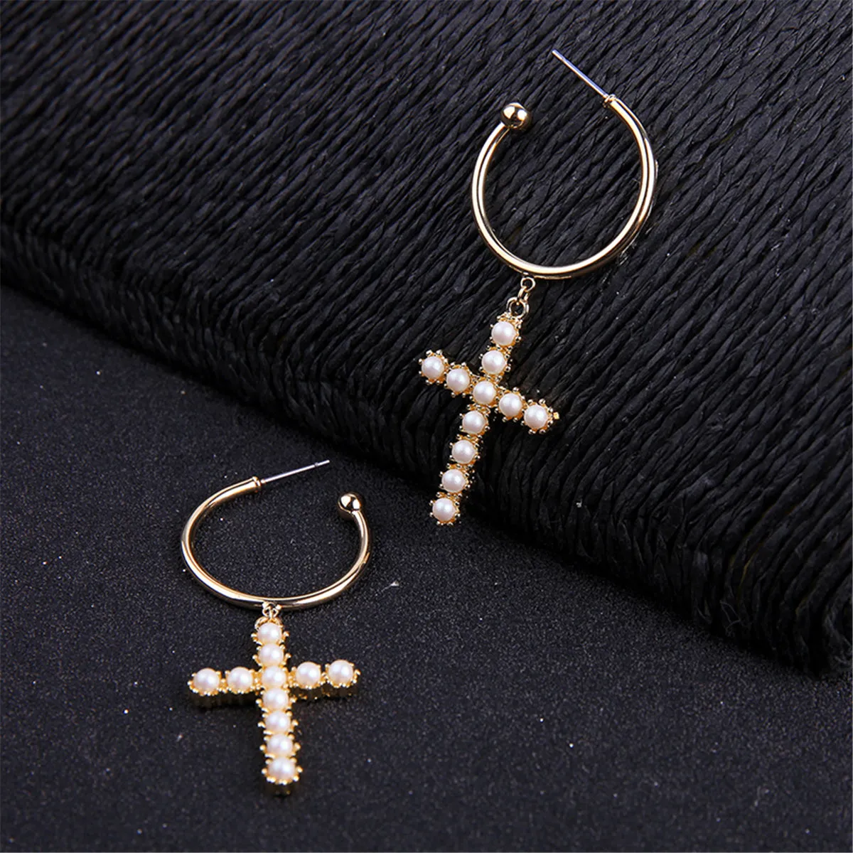 Pearl & 18K Gold-Plated Cross Huggie Earrings