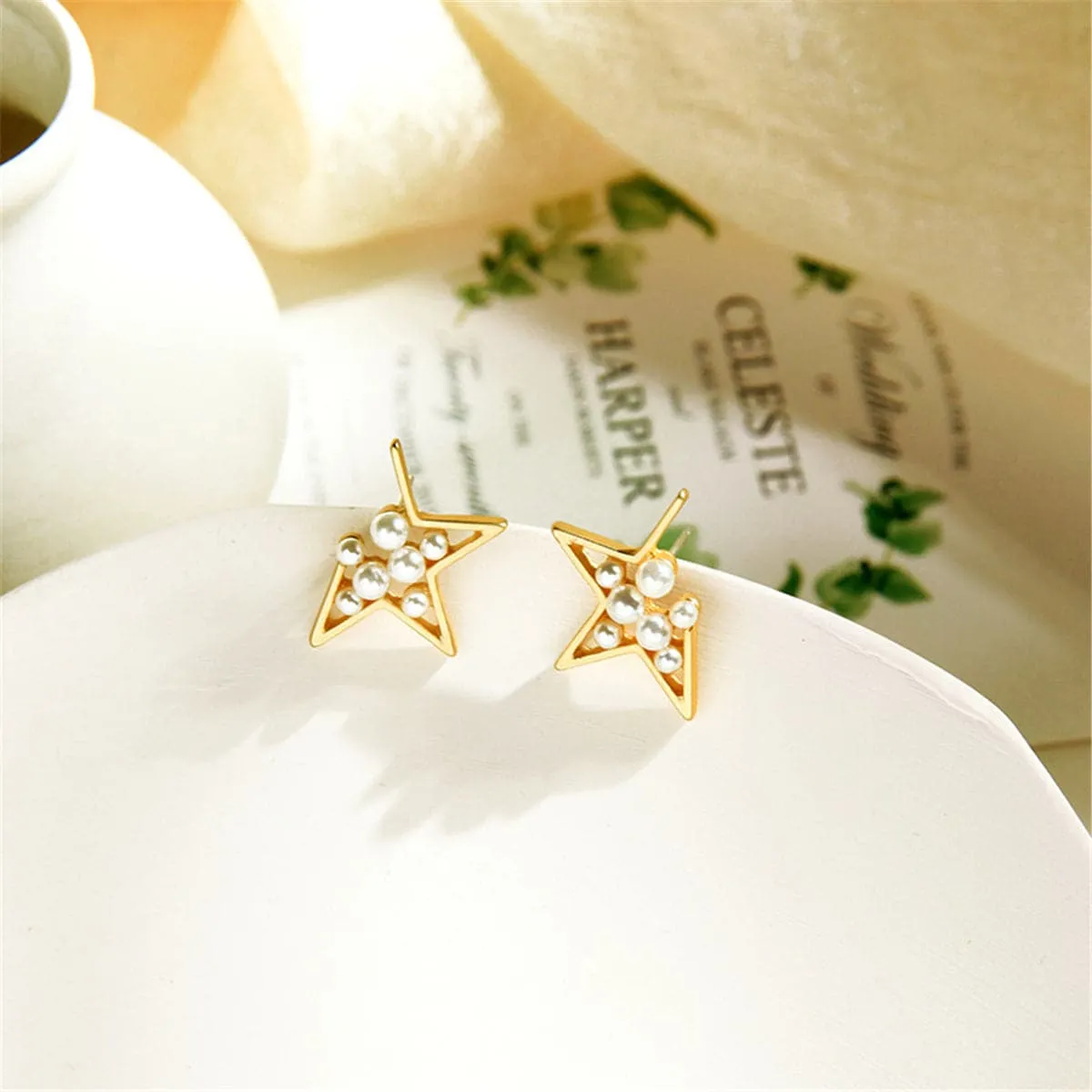 Pearl & 18K Gold-Plated Star Filigree Stud Earrings