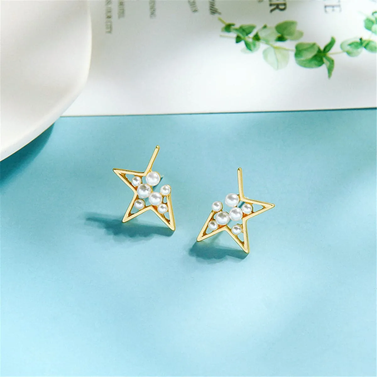 Pearl & 18K Gold-Plated Star Filigree Stud Earrings
