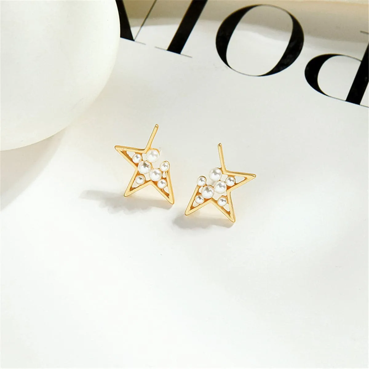 Pearl & 18K Gold-Plated Star Filigree Stud Earrings