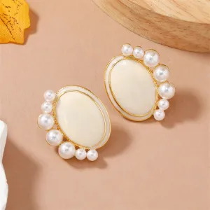 Pearl & Enamel 18K Gold-Plated Oval Stud Earrings