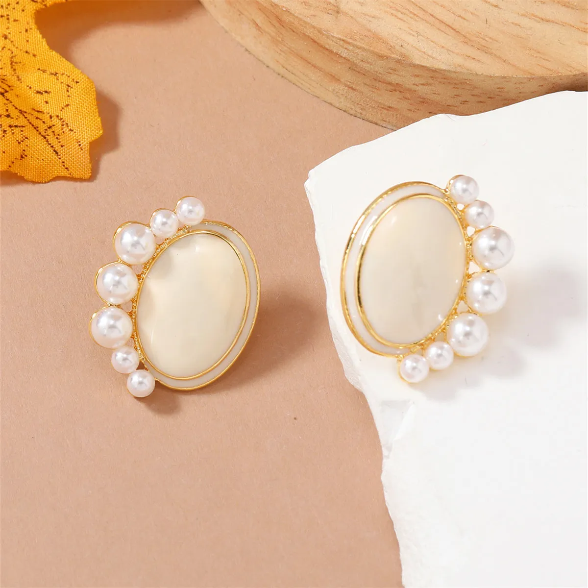 Pearl & Enamel 18K Gold-Plated Oval Stud Earrings