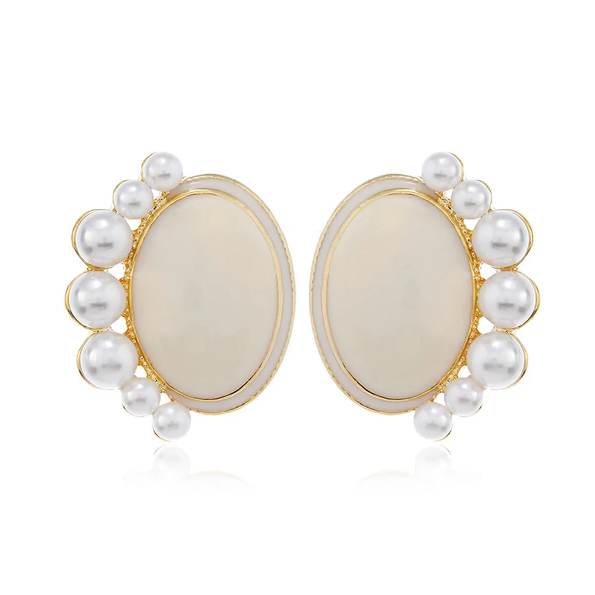 Pearl & Enamel 18K Gold-Plated Oval Stud Earrings