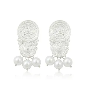 Pearl & Silver-Plated Carved Ornate Drop Earrings