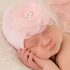 Pink & white striped infant hat with flower bow
