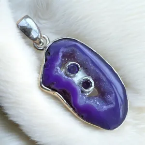 Purple Solar Quartz & Amethyst Solid 925 Sterling Silver Pendant