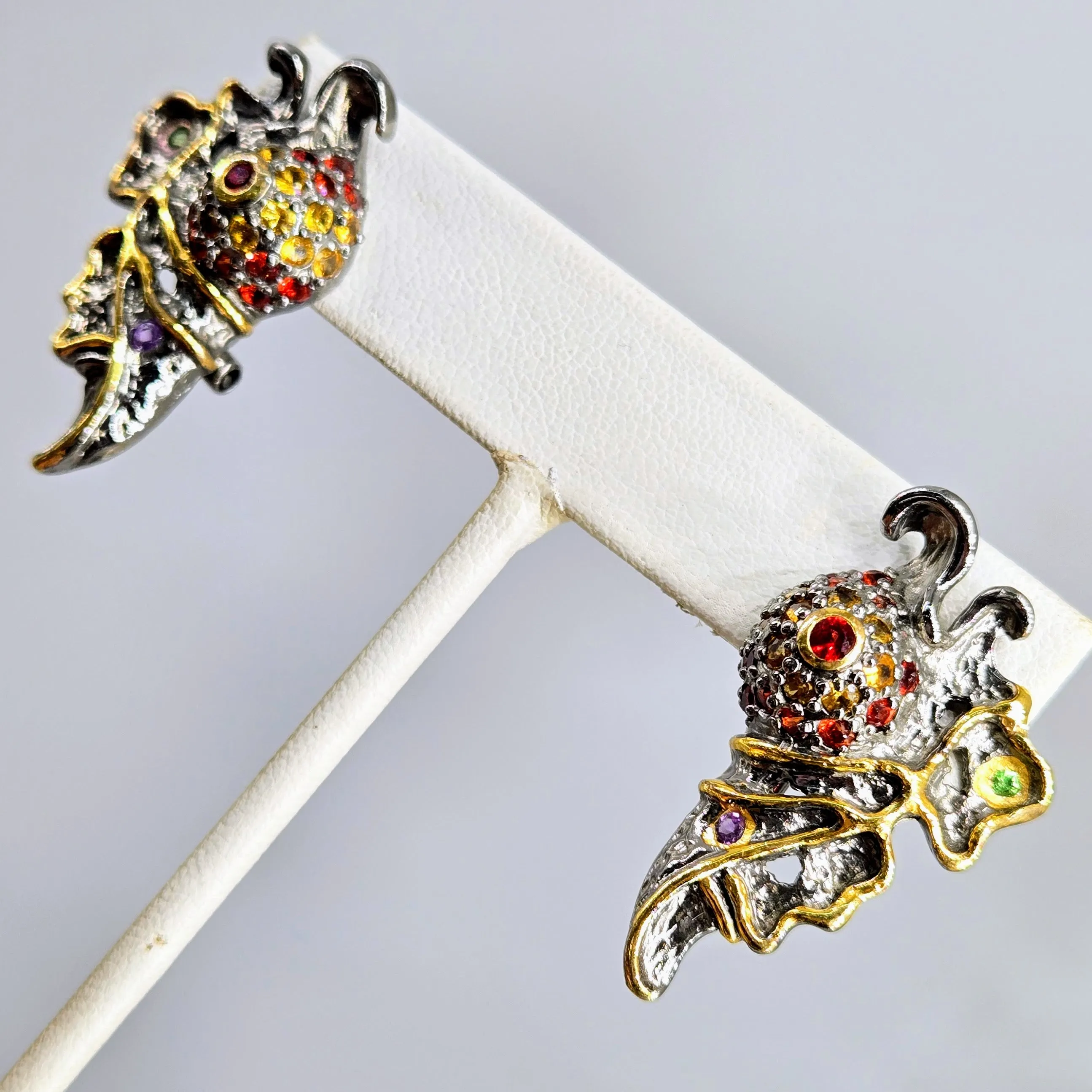 "Confetti Fish" 1.25" Earrings - Multi Color Sapphire, Ruby, Black Sterling, 18k Gold