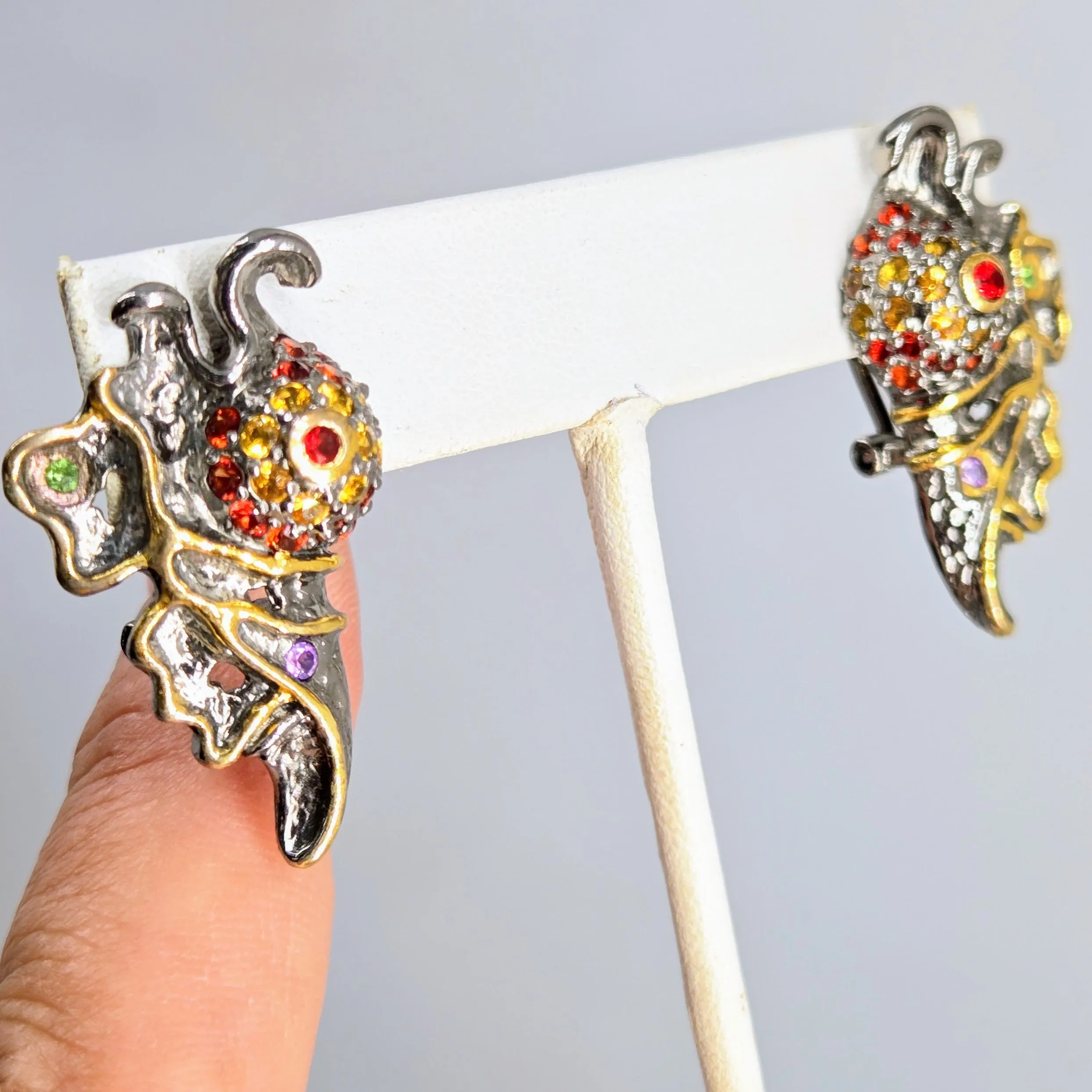 "Confetti Fish" 1.25" Earrings - Multi Color Sapphire, Ruby, Black Sterling, 18k Gold