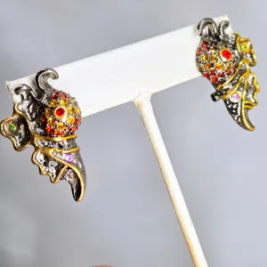 "Confetti Fish" 1.25" Earrings - Multi Color Sapphire, Ruby, Black Sterling, 18k Gold