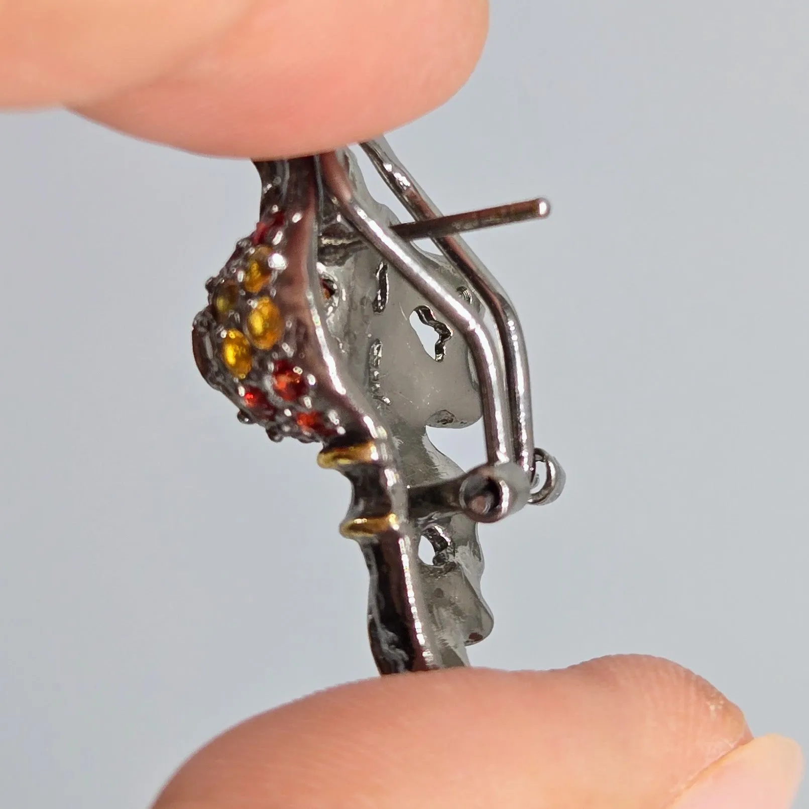 "Confetti Fish" 1.25" Earrings - Multi Color Sapphire, Ruby, Black Sterling, 18k Gold