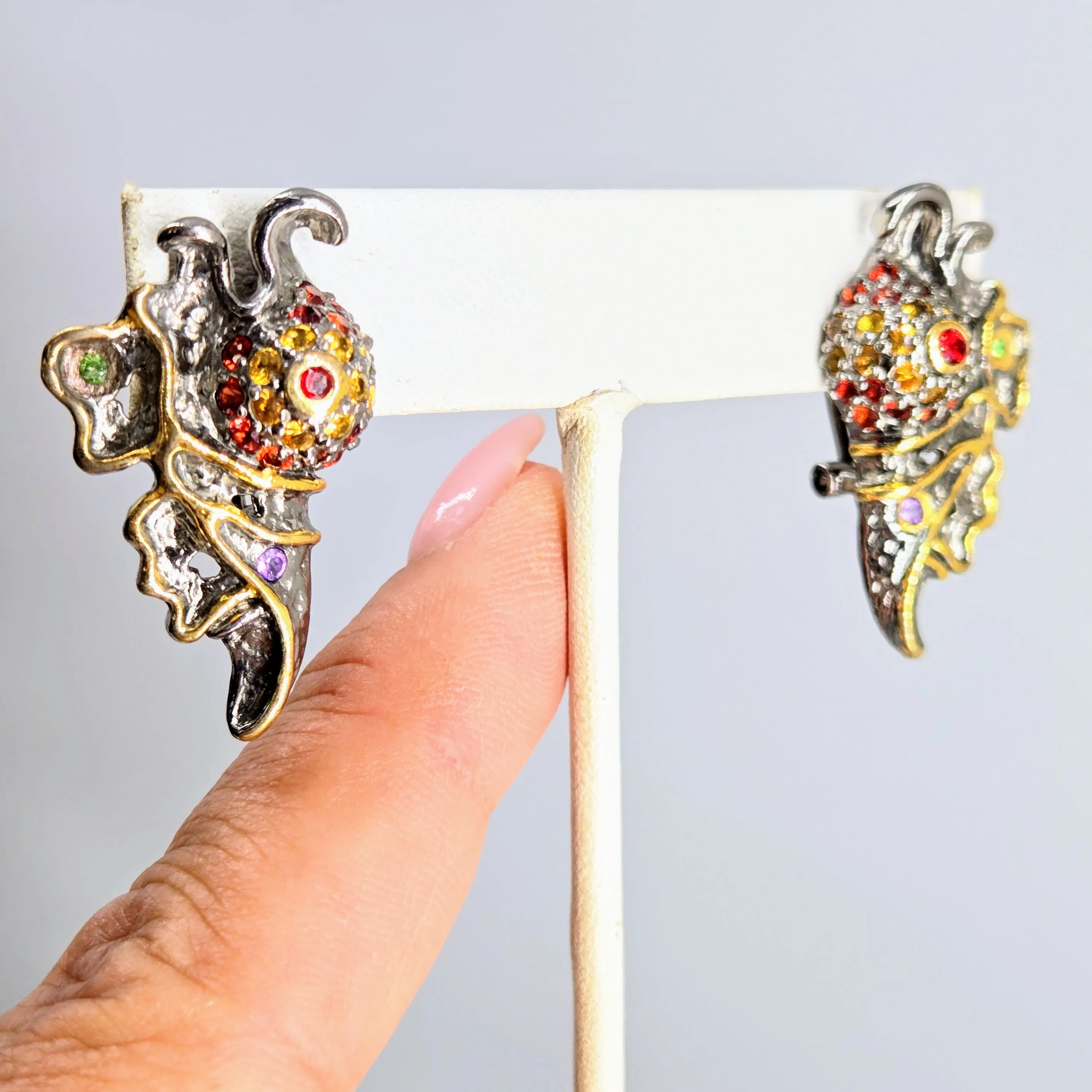 "Confetti Fish" 1.25" Earrings - Multi Color Sapphire, Ruby, Black Sterling, 18k Gold