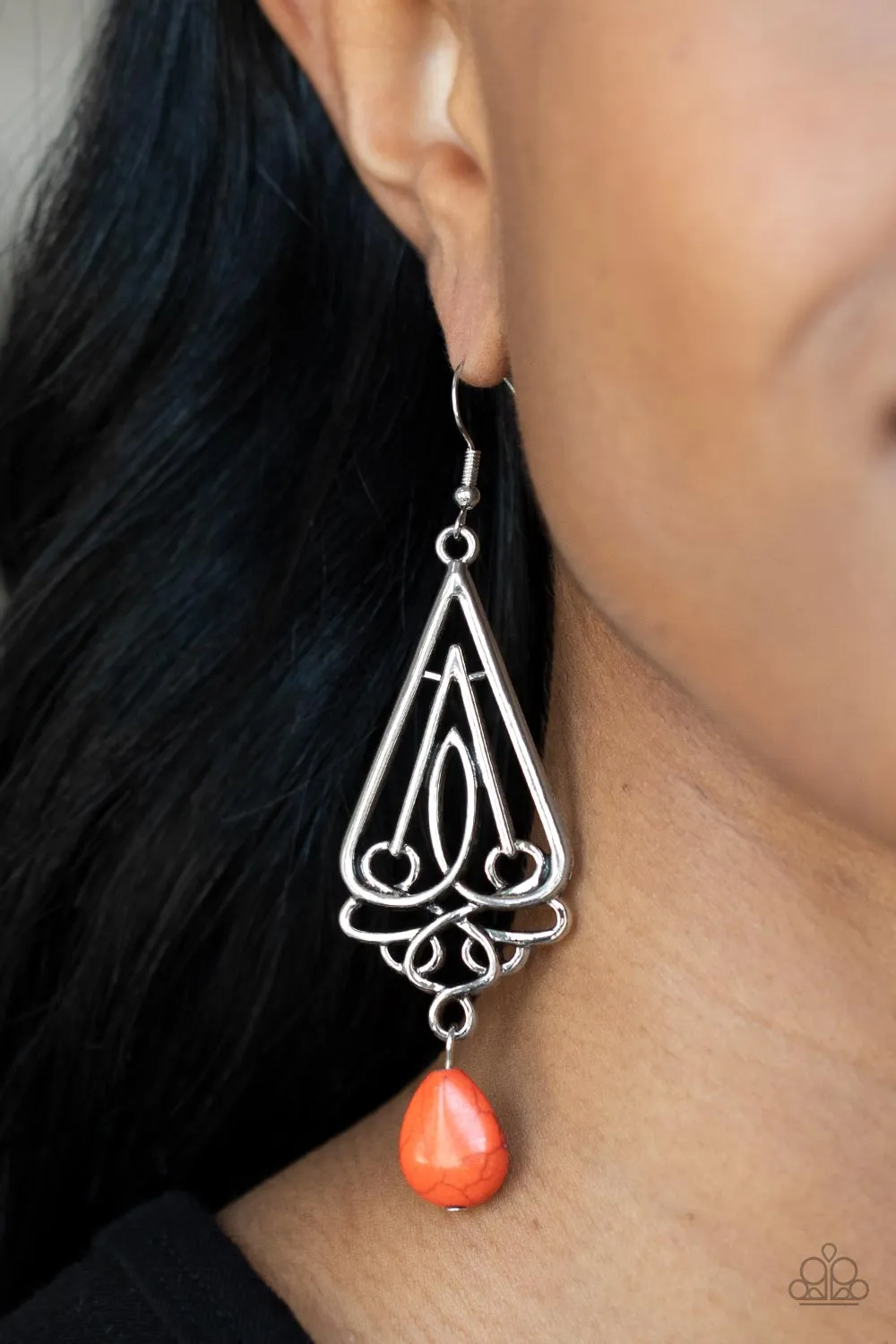 "Transcendent Trendsetter" Silver Metal & Orange Crackle Drop Dangle Earrings
