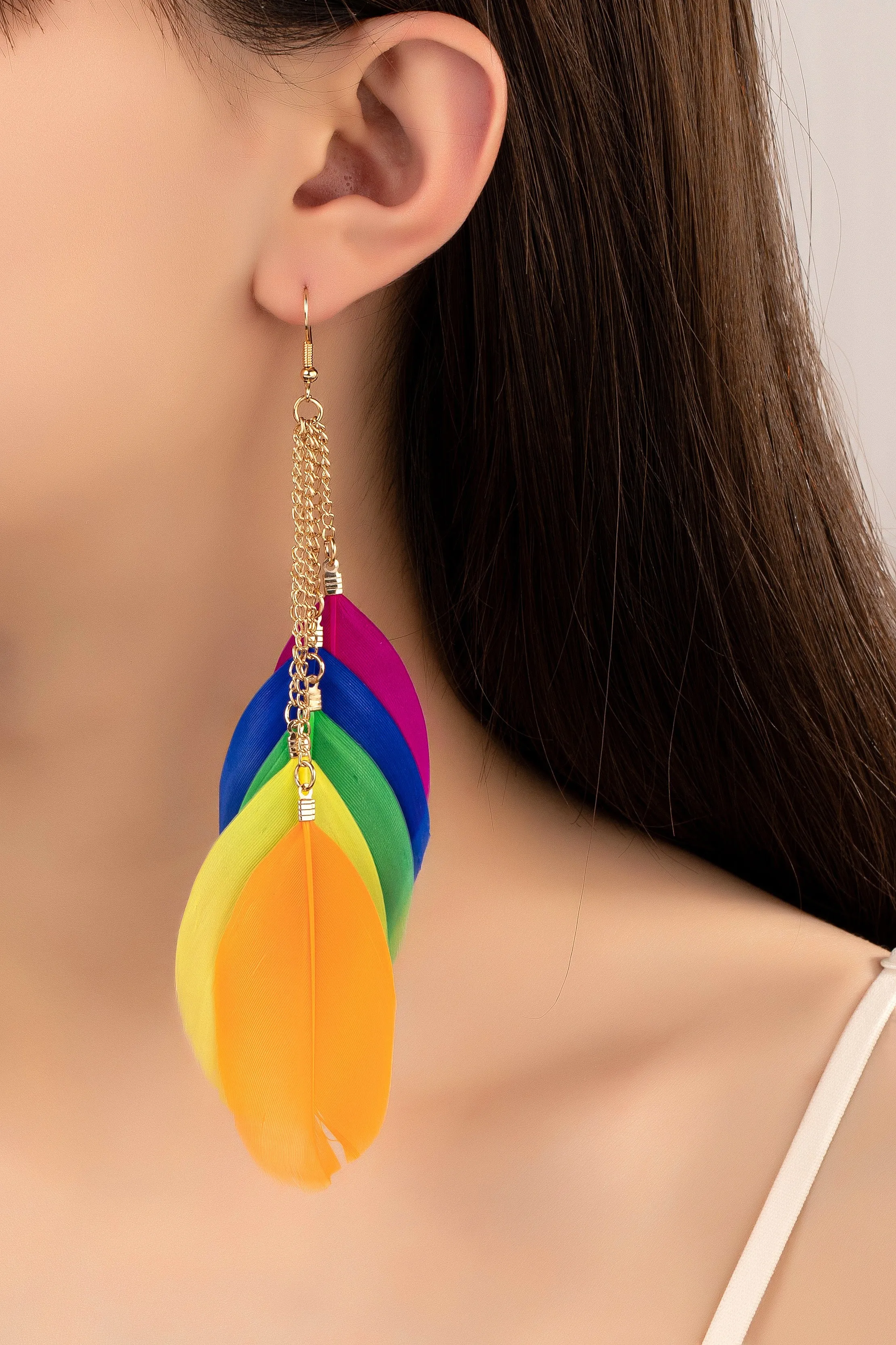 Rainbow Feather Cascade Statement Earrings