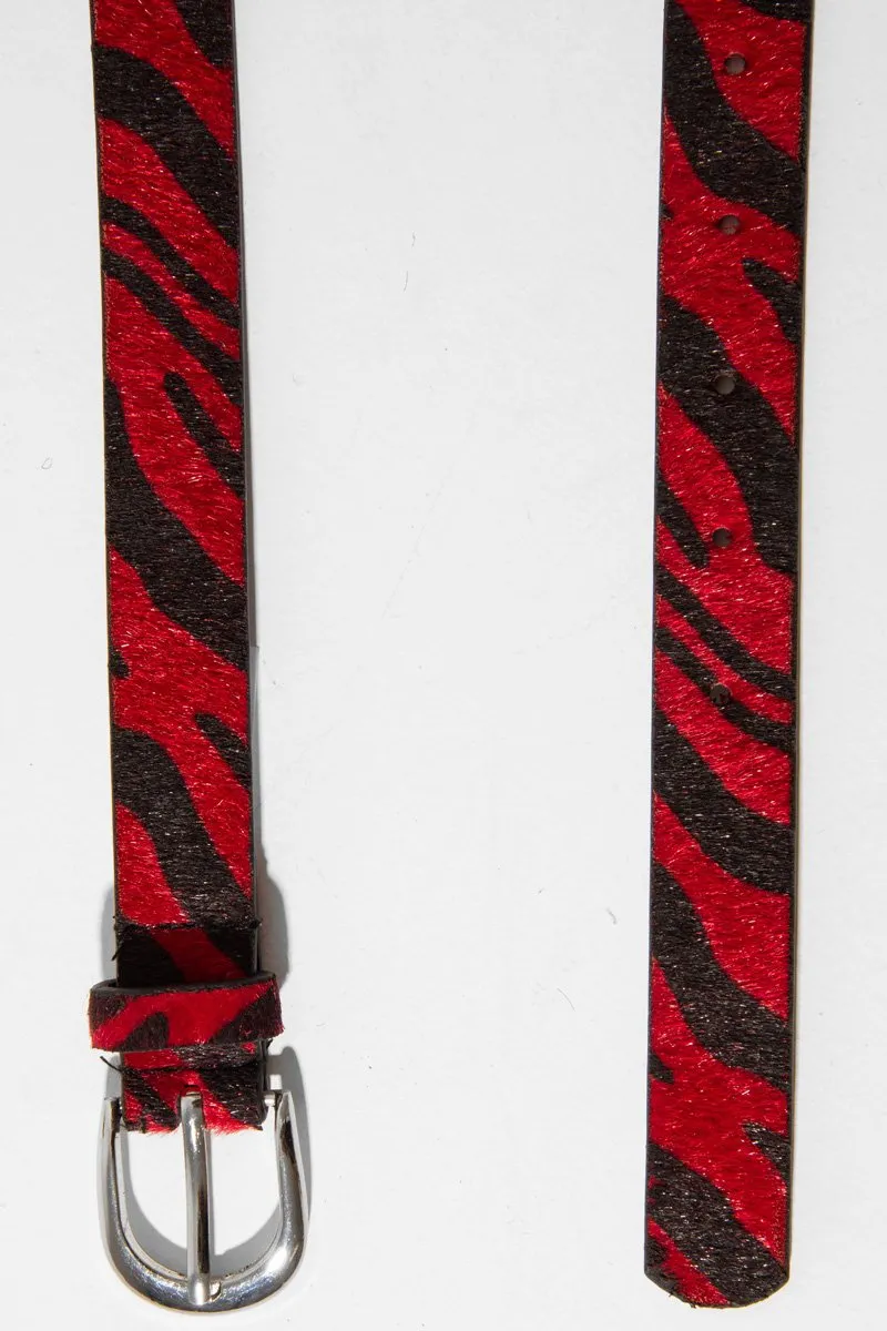 Red and Black Faux Pony Hair Zebra Print Belt - Calliana