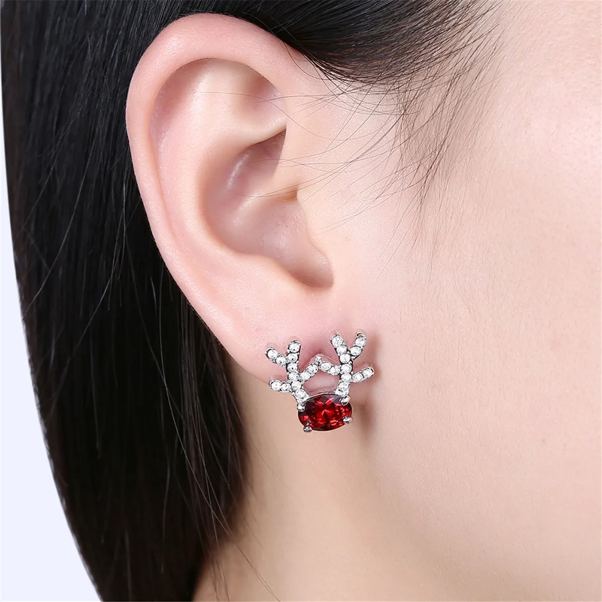 Red Crystal & Silver-Plated Antlers Stud Earrings