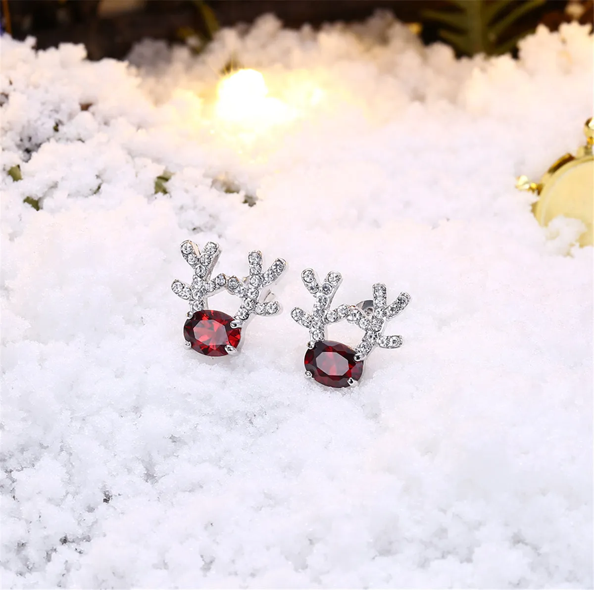 Red Crystal & Silver-Plated Antlers Stud Earrings