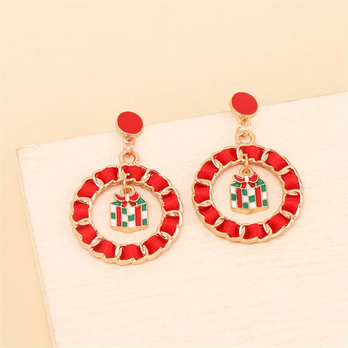 Red Ribbon & Enamel 18K Gold-Plated Gift Box Figaro Drop Earrings