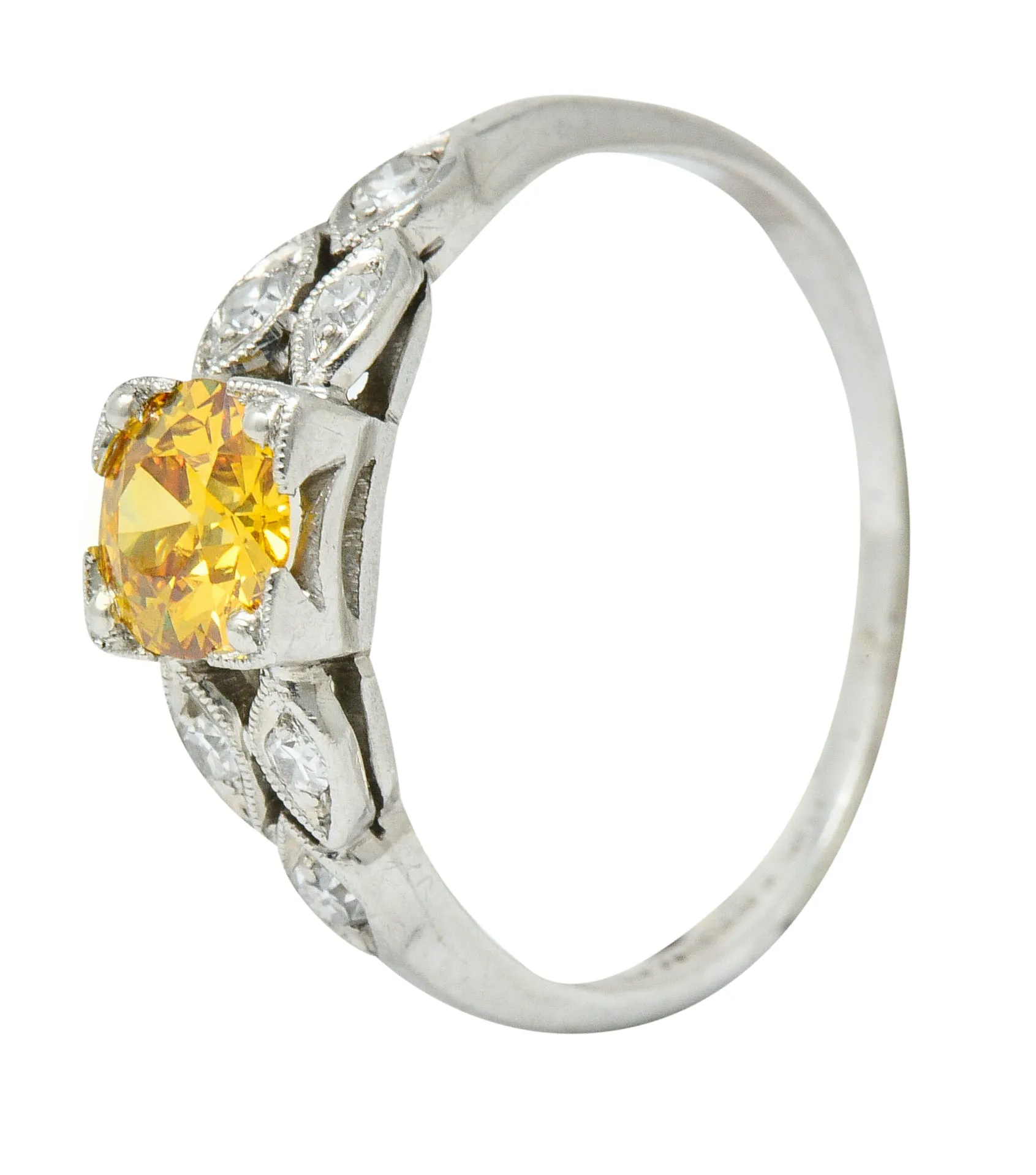 Retro 0.60 CTW Orange-Yellow & White Diamond Platinum Engagement Ring GIA