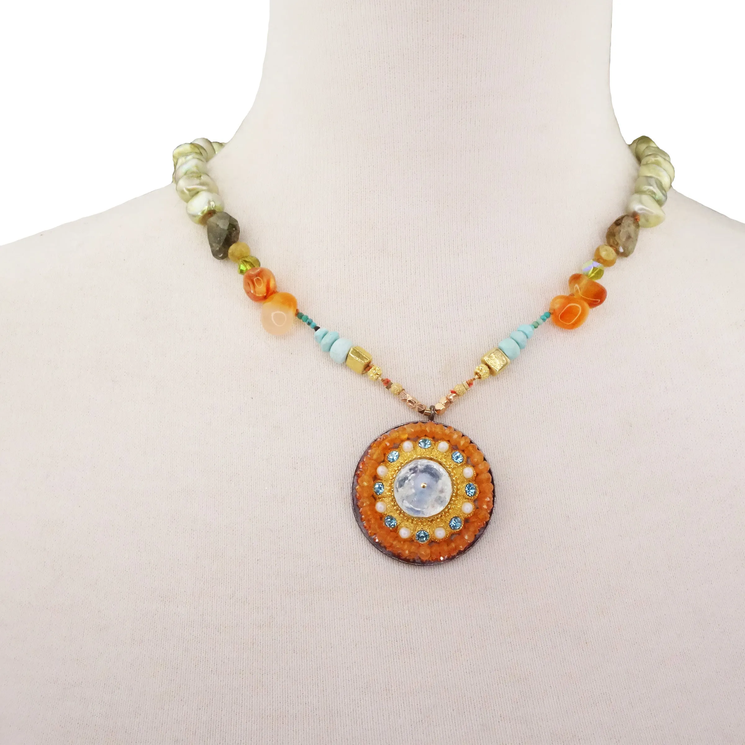 She is the Ringmaster: carnelian, pearl, and aquamarine mosaic necklace