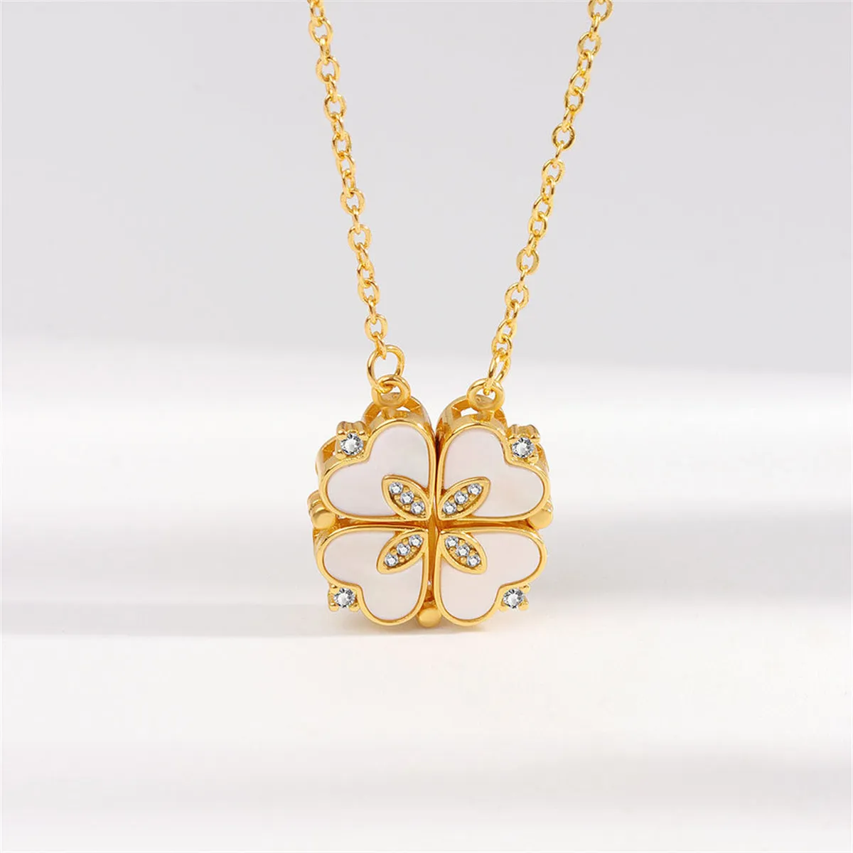 Shell & Cubic Zirconia Clover Heart Pendant Necklace