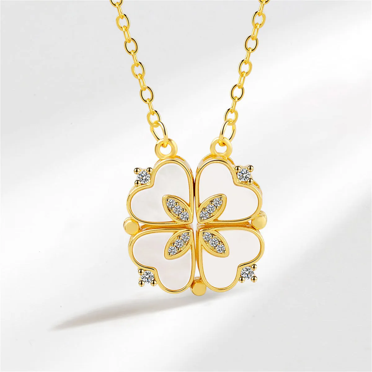 Shell & Cubic Zirconia Clover Heart Pendant Necklace